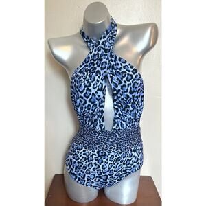 Michael Kors One Piece Swimsuit Size 10 Blue Leopard Print Crossover Halter NEW